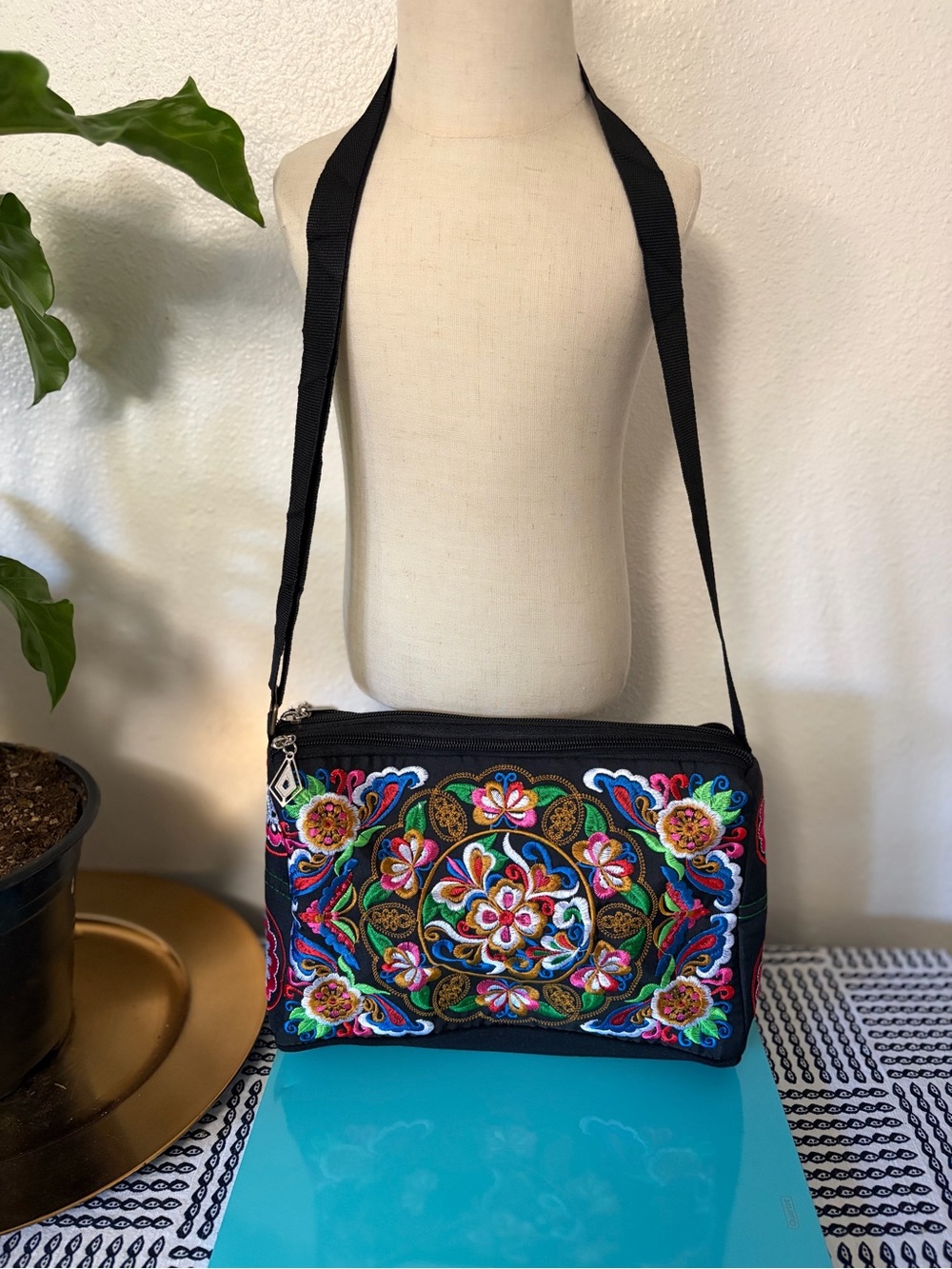 Black Embroidered Floral Crossbody Bag with Multicolor Accents
